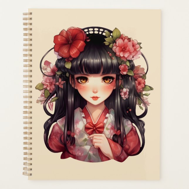 Anime Girl Pink-Blume Planer (Vorderseite)