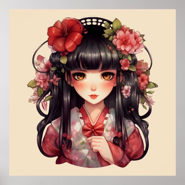 Anime Girl Pink-Blume Poster (Vorne)