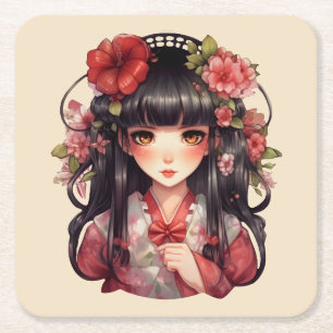 Anime Girl Pink-Blume Rechteckiger Pappuntersetzer