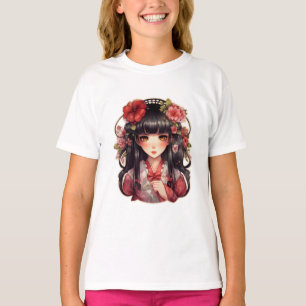 Anime Girl Pink-Blume T-Shirt