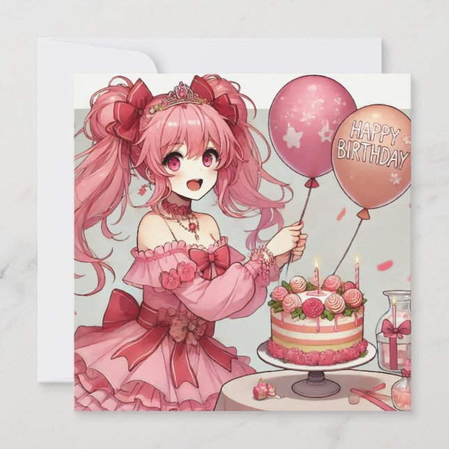 Anime girl Pink Geburtstag Einladung (Vorderseite)