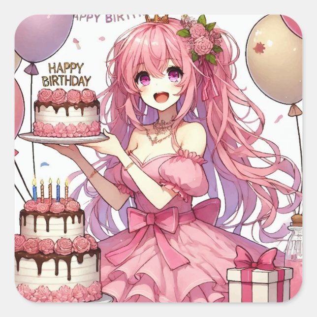 Anime girl Pink Geburtstag Quadratischer Aufkleber (Vorderseite)