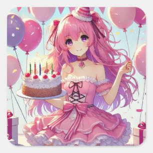 Anime Girl pink Geburtstag Quadratischer Aufkleber