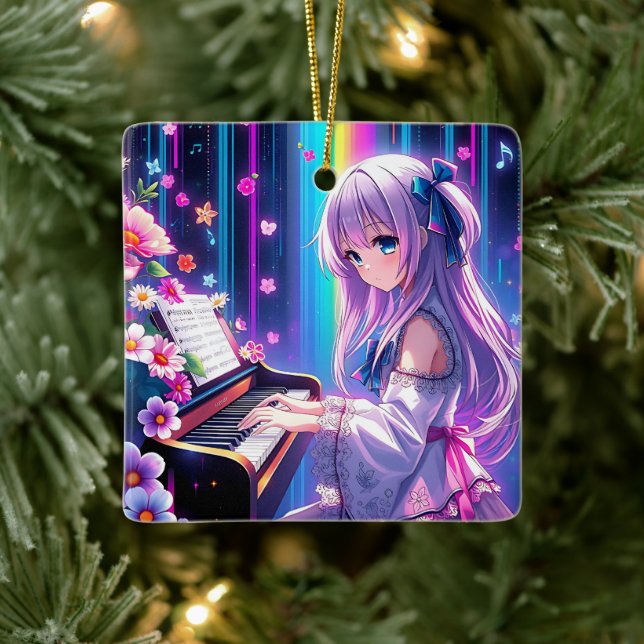 Anime Girl Playing Piano Personalisierte Weihnacht Keramikornament (Baum)