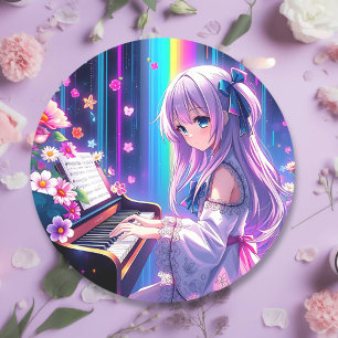 Anime Girl Playing Piano Runder Aufkleber