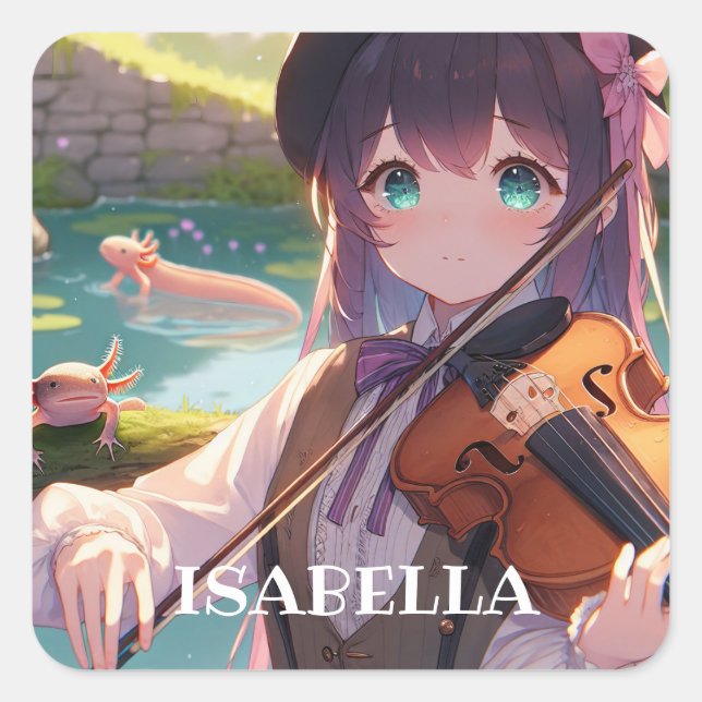 Anime Girl Playing Violine Personalisiert Quadratischer Aufkleber (Vorderseite)