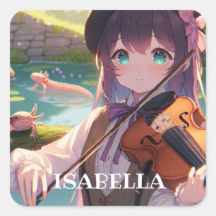 Anime Girl Playing Violine Personalisiert Quadratischer Aufkleber