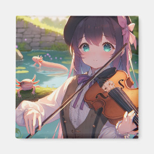 Anime Girl Playing Violine und Axolotls Magnet
