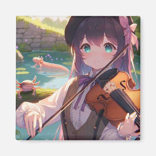 Anime Girl Playing Violine und Axolotls Magnet (Vorne)