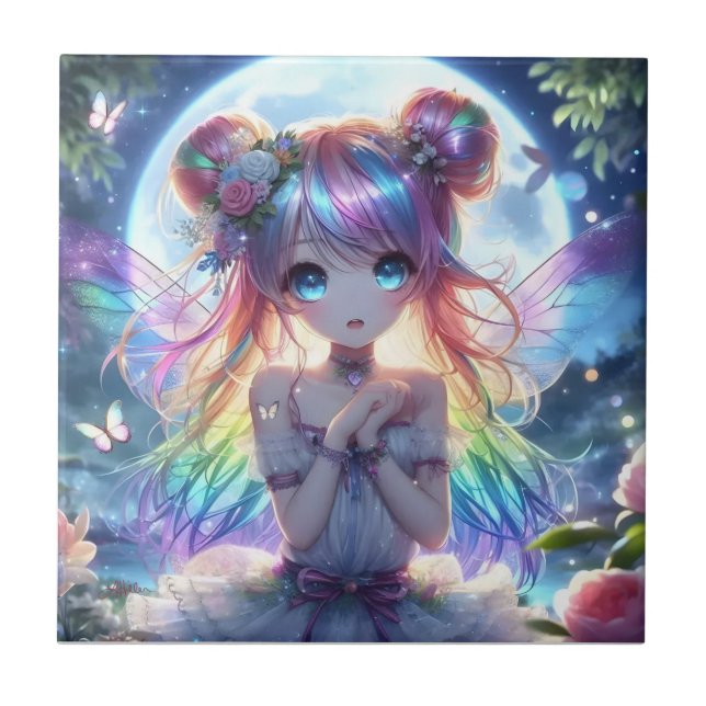 Anime Girl Rainbow Hair Singing Moon Fairy Fliese (Vorderseite)