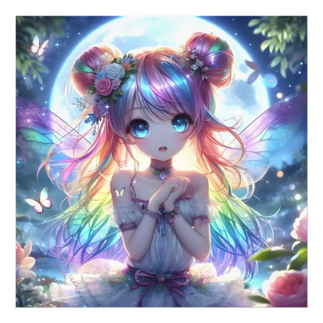 Anime Girl Rainbow Hair Singing Moon Fairy Fotodruck (Vorne)