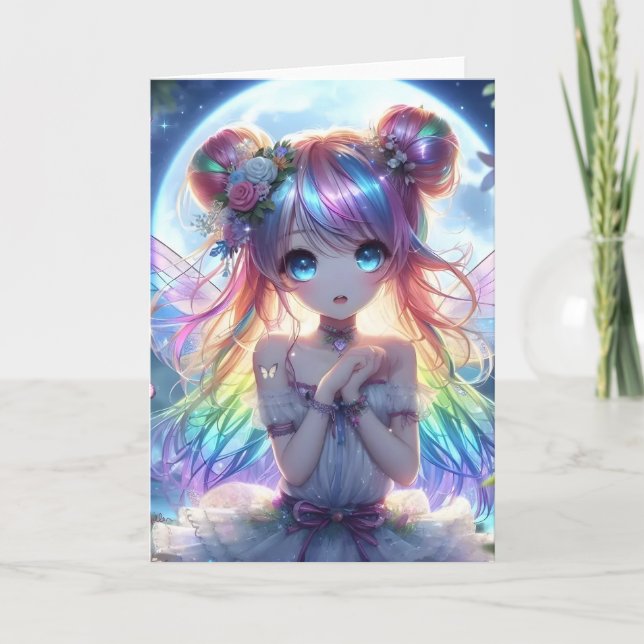 Anime Girl Rainbow Hair Singing Moon Fairy Karte (Vorderseite)