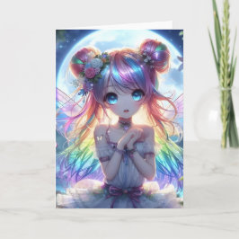 Anime Girl Rainbow Hair Singing Moon Fairy Karte