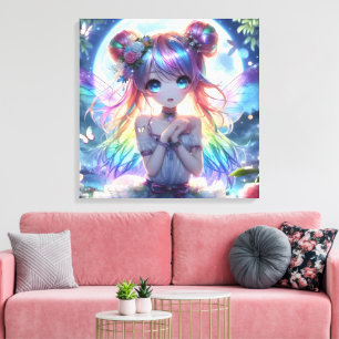 Anime Girl Rainbow Hair Singing Moon Fairy Leinwanddruck