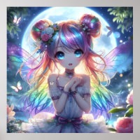Anime Girl Rainbow Hair Singing Moon Fairy