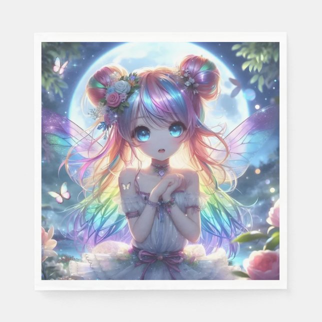 Anime Girl Rainbow Hair Singing Moon Fairy Serviette (Vorderseite)