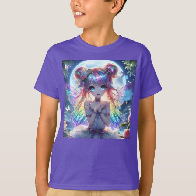 Anime Girl Rainbow Hair Singing Moon Fairy T-Shirt (Vorderseite)