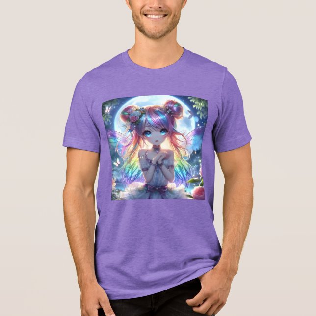 Anime Girl Rainbow Hair Singing Moon Fairy Tri-Blend Shirt (Vorderseite)