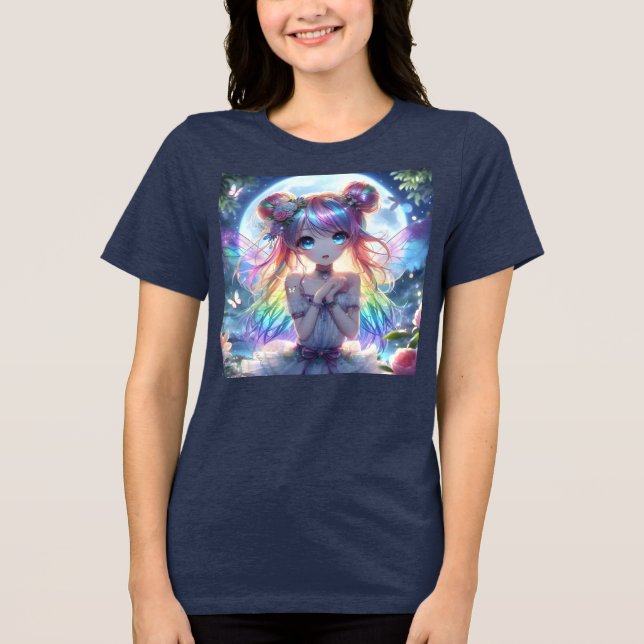 Anime Girl Rainbow Hair Singing Moon Fairy Tri-Blend Shirt (Vorderseite)