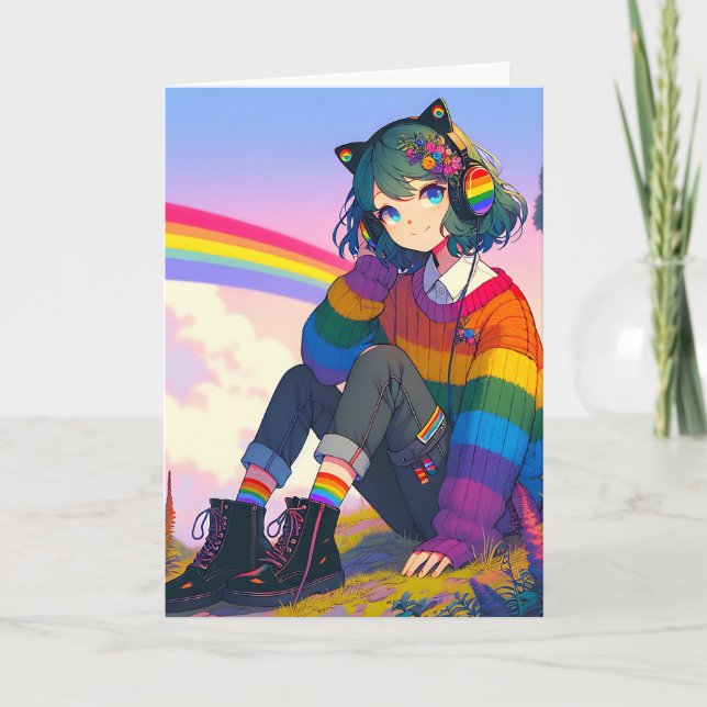 Anime Girl Rainbow Sweater Personalisiert Geburtst Karte (Vorderseite)