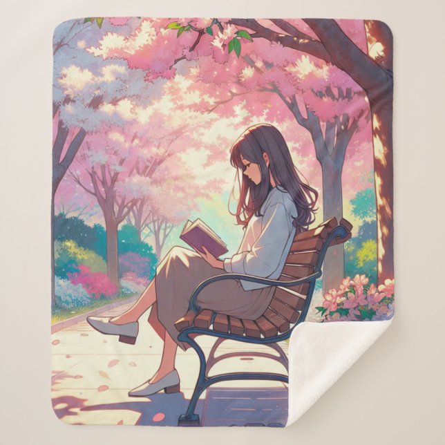 Anime Girl Reading im Park Sherpadecke (Vorderseite)