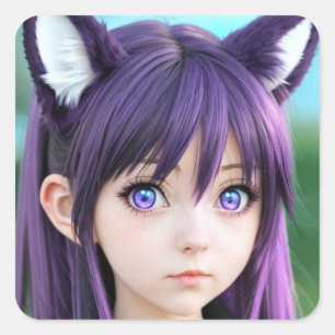 Anime Girl Realistic Fox Ears Quadratischer Aufkleber