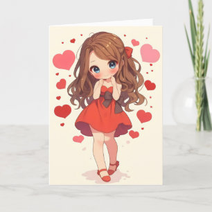 Anime Girl Red Chibi Herz Feiertagskarte