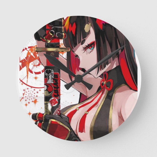 Anime girl Samurai Runde Wanduhr (Vorderseite)