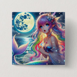 Anime Girl Singing Moonlight Pixie Rainbow Mermaid Button