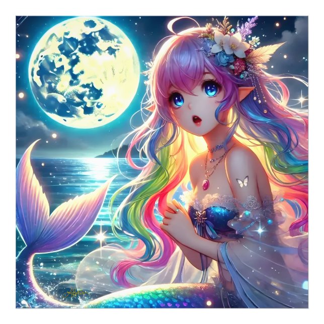 Anime Girl Singing Moonlight Pixie Rainbow Mermaid Fotodruck (Vorne)
