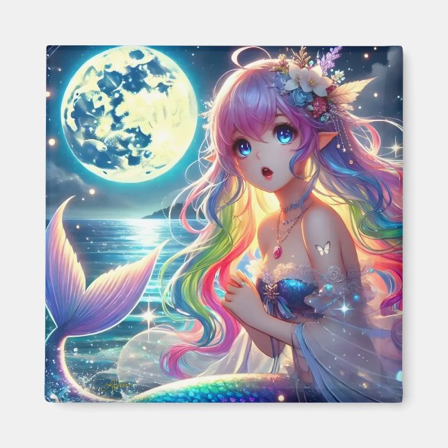 Anime Girl Singing Moonlight Pixie Rainbow Mermaid Magnet (Vorne)