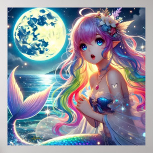 Anime Girl Singing Moonlight Pixie Rainbow Mermaid Poster