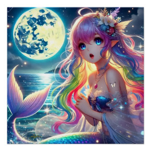 Anime Girl Singing Moonlight Pixie Rainbow Mermaid Poster