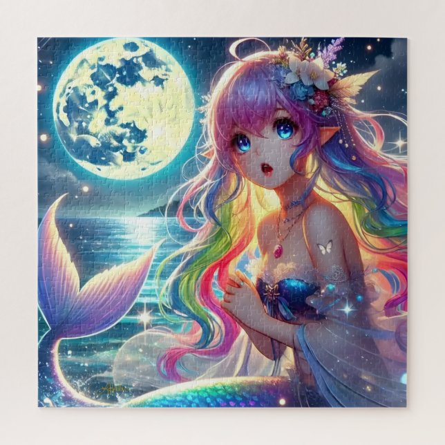 Anime Girl Singing Moonlight Pixie Rainbow Mermaid Puzzle (Vertikal)