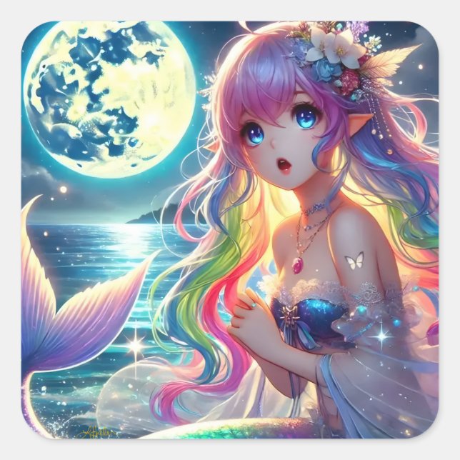 Anime Girl Singing Moonlight Pixie Rainbow Mermaid Quadratischer Aufkleber (Vorderseite)