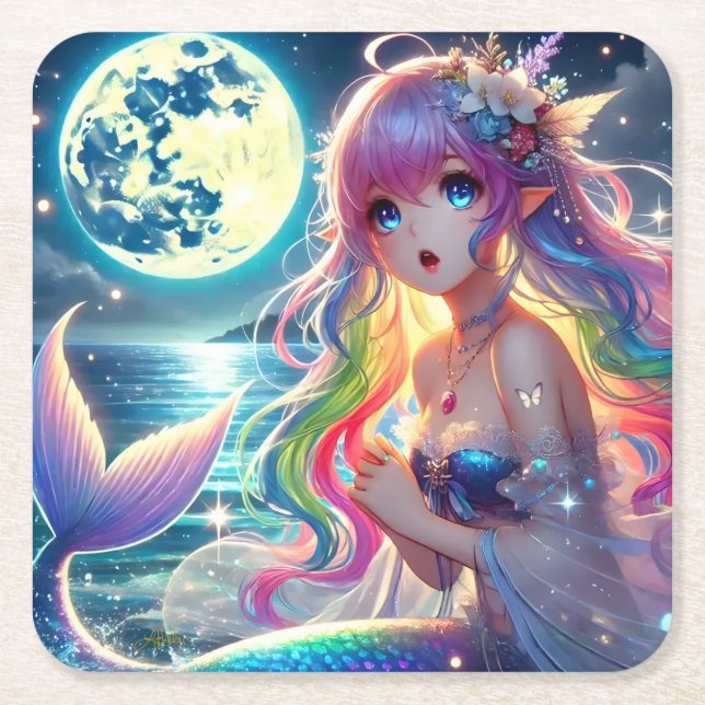 Anime Girl Singing Moonlight Pixie Rainbow Mermaid Rechteckiger Pappuntersetzer (Vorderseite)