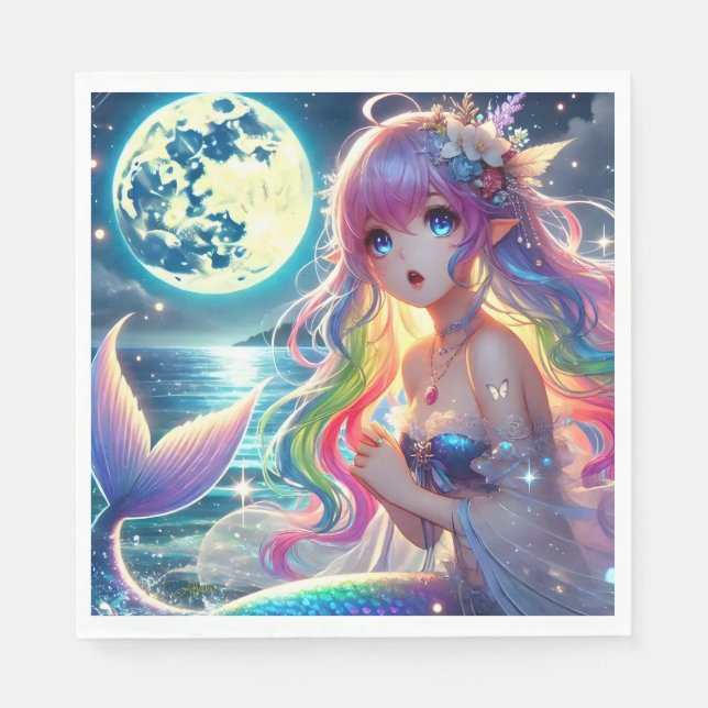 Anime Girl Singing Moonlight Pixie Rainbow Mermaid Serviette (Vorderseite)