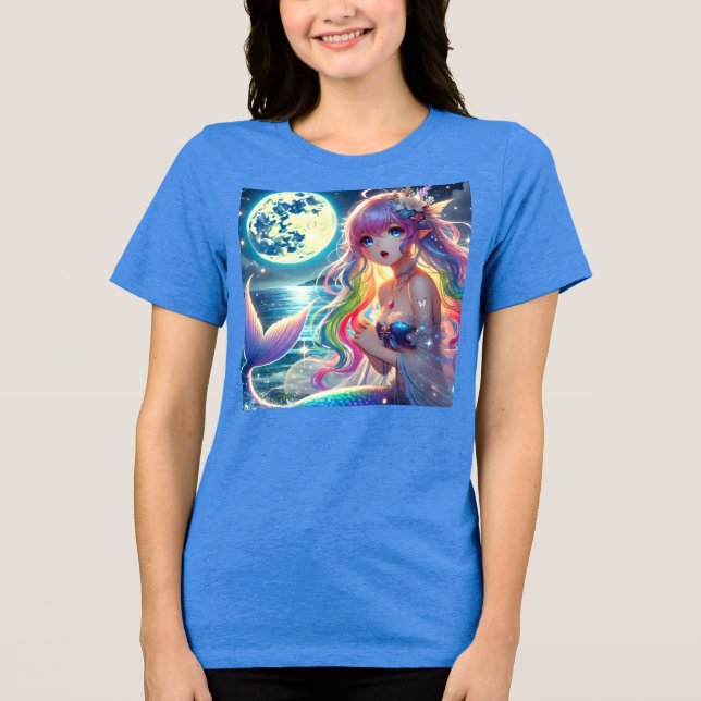 Anime Girl Singing Moonlight Pixie Rainbow Mermaid Tri-Blend Shirt (Vorderseite)