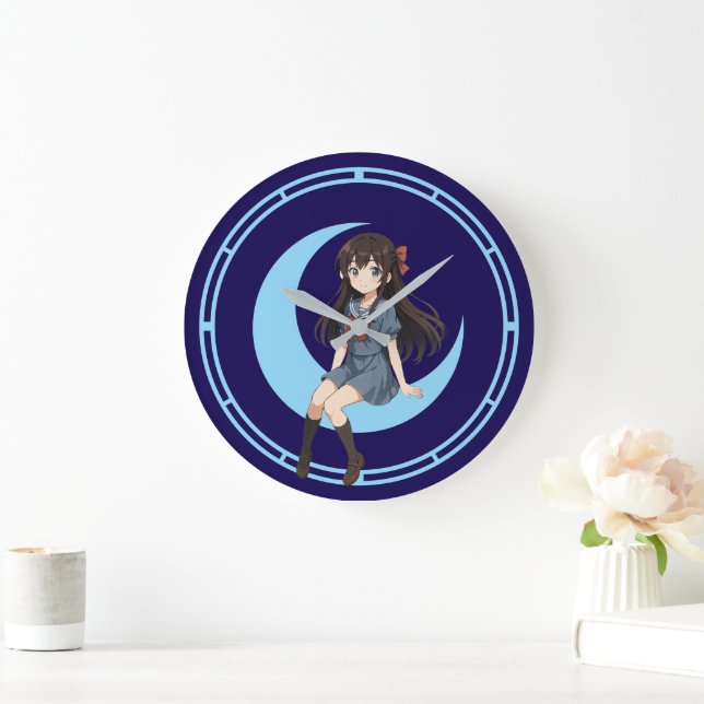 Anime Girl Sitting On A Crescent Moon Große Wanduhr (Zuhause)