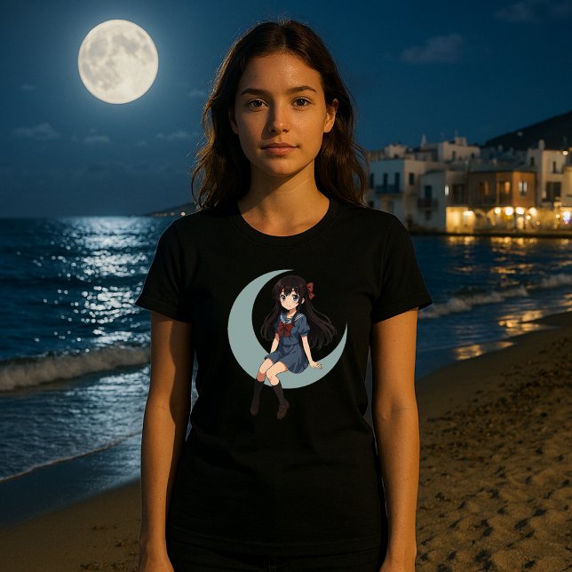 Anime Girl Sitting On A Crescent Moon T-Shirt (Von Creator hochgeladen)