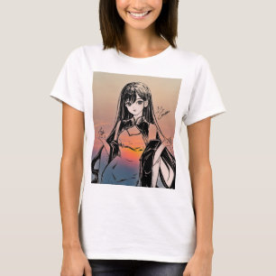 Anime Girl Sunset Art Shirt Rund Neck