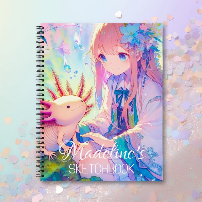 Anime Girl und Axolotl Personalisiert Sketchbook Notizbuch (Von Creator hochgeladen)