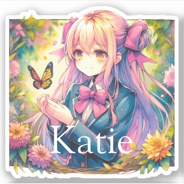 Anime Girl und Butterfly Wasserfarbe Personalisier Aufkleber (Vorderseite)