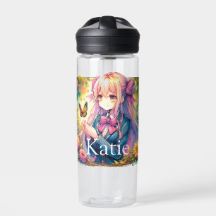 Anime Girl und Butterfly Wasserfarbe Personalisier Trinkflasche