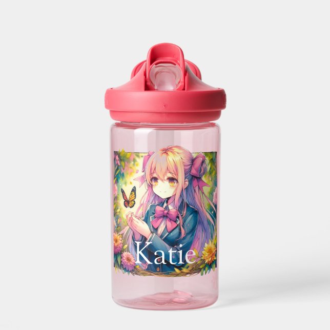 Anime Girl und Butterfly Wasserfarbe Personalisier Trinkflasche (Vorne)