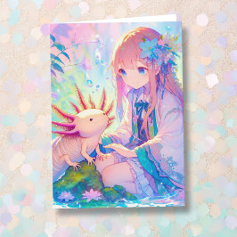 Anime Girl und ein Axolotl zum Personalisierten Ge Karte