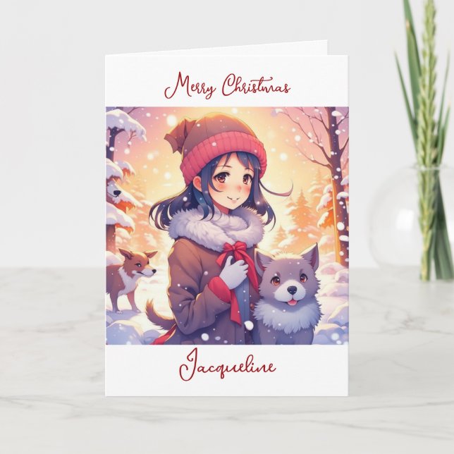 Anime Girl und Hunde mit Weihnachtsgeschmack Karte (Vorderseite)