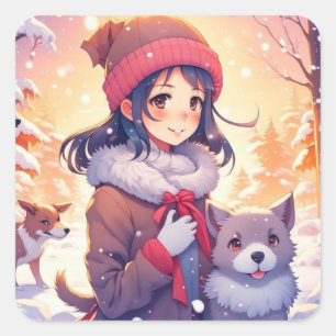 Anime Girl und Hunde mit Weihnachtsgeschmack Quadratischer Aufkleber