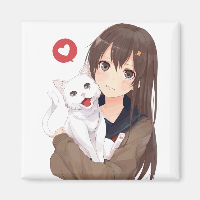 Anime Girl und ihre Katze Magnet (Vorne)