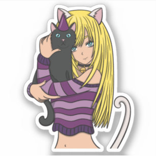 Anime Girl und Niedliche Katze Aufkleber